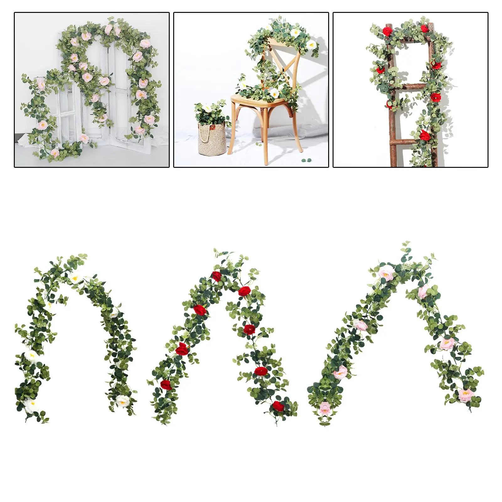 6ft Rose Artificial Eucalyptus Garland Fake Vine Flower Arrangement Plants Art for Party Table Centerpiece Home Garden Decor