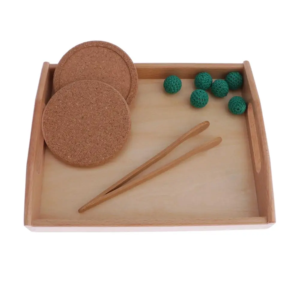 Wooden Montessori Tray Toy Set - 1pc Tray, 2pcs Plate, 6pcs  and 1  Kids Todders  Skills Early Development