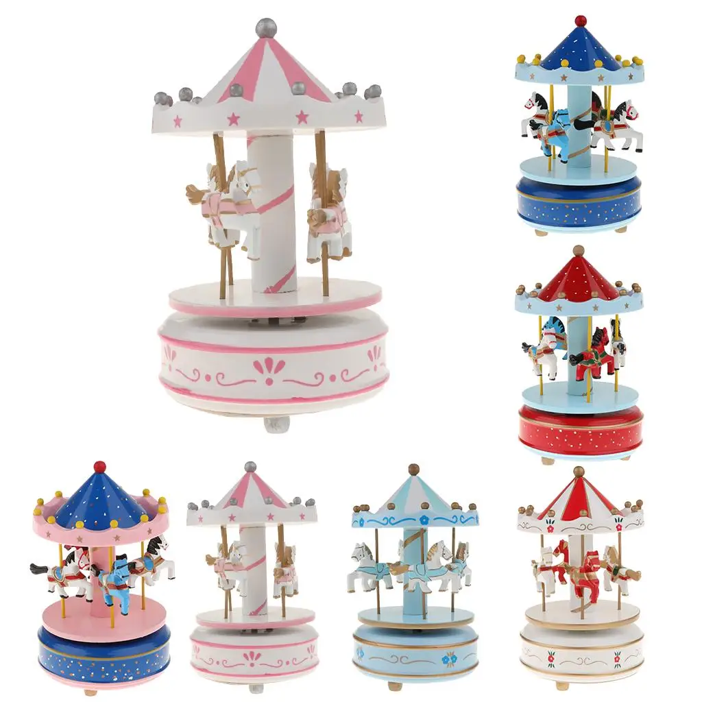 Cute Wooden Musical Box Featuring Swivel Carousel With Little Horses Wind Up Music Box Kids Adorable Gifts- Pink/Blue/Red