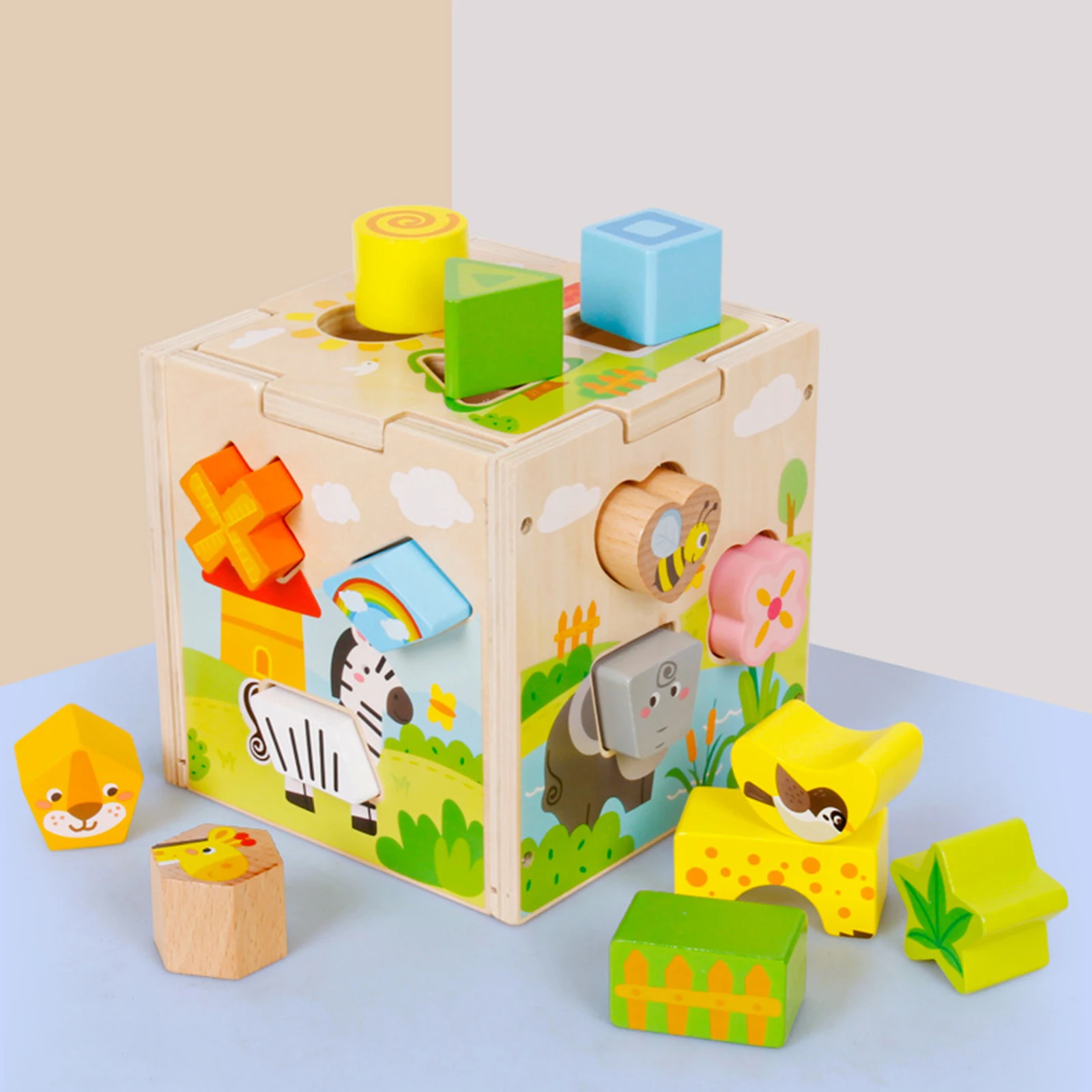 Wood Shape Sorter Toy Geometry Learning Developmental Colorful Toddlers Baby