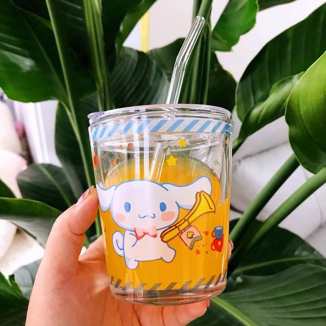 Sanrio Hello Kitty Drinkware Kuromi My Melody Cinnamoroll Glass Water Straw  Cup Home Baby Milk Cup Lid Kids Creative - AliExpress