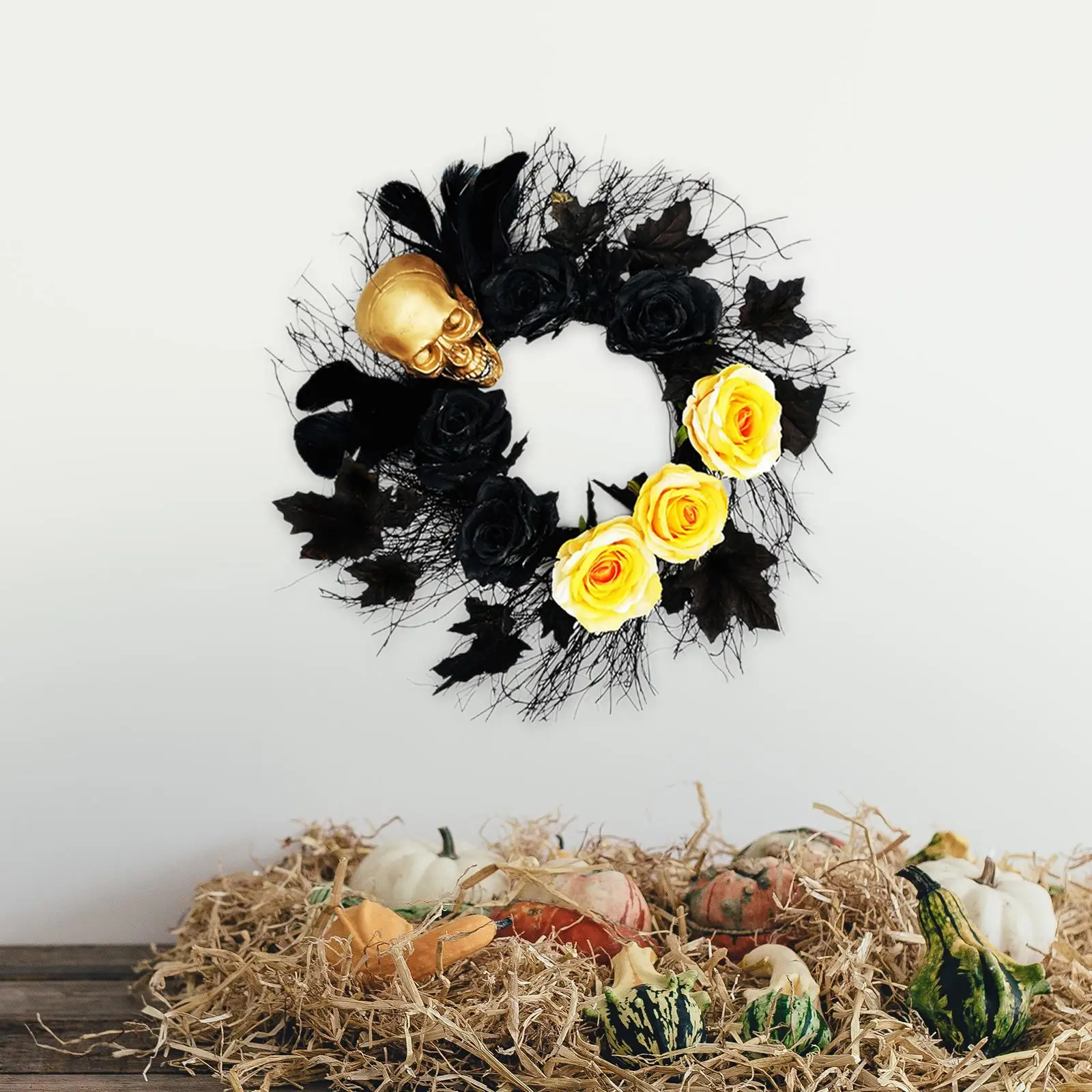 Gothic Skeleton Wreath Halloween with Maple Leaves Garland Rustic Skull Wreath for Window Farmhouse Party Decoration Mantelpiece