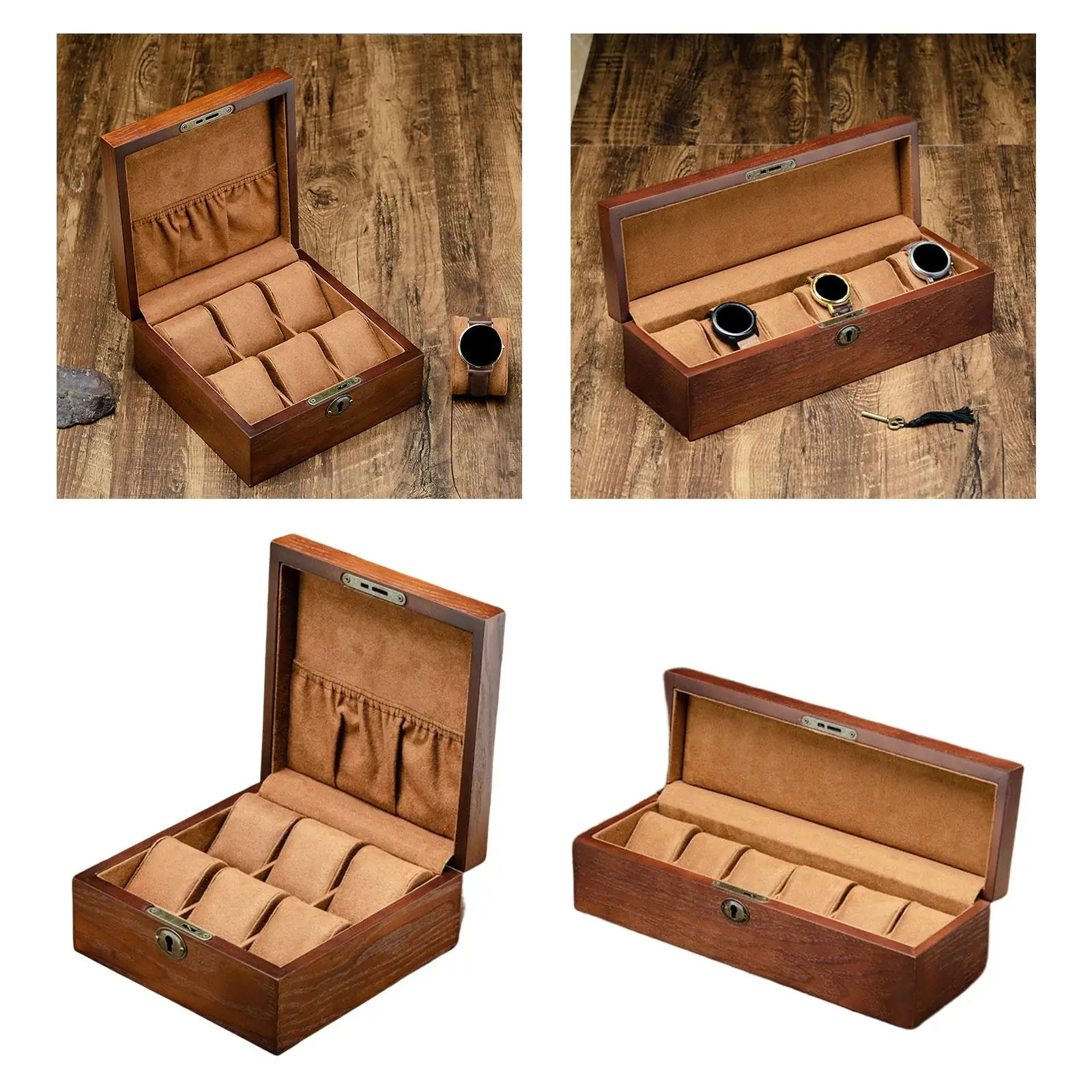 6 Slot Wood Watch Box with Removable Watch Pillow Sturdy Hinges Lockable Watch Display case Holder Showcase Birthday Gift
