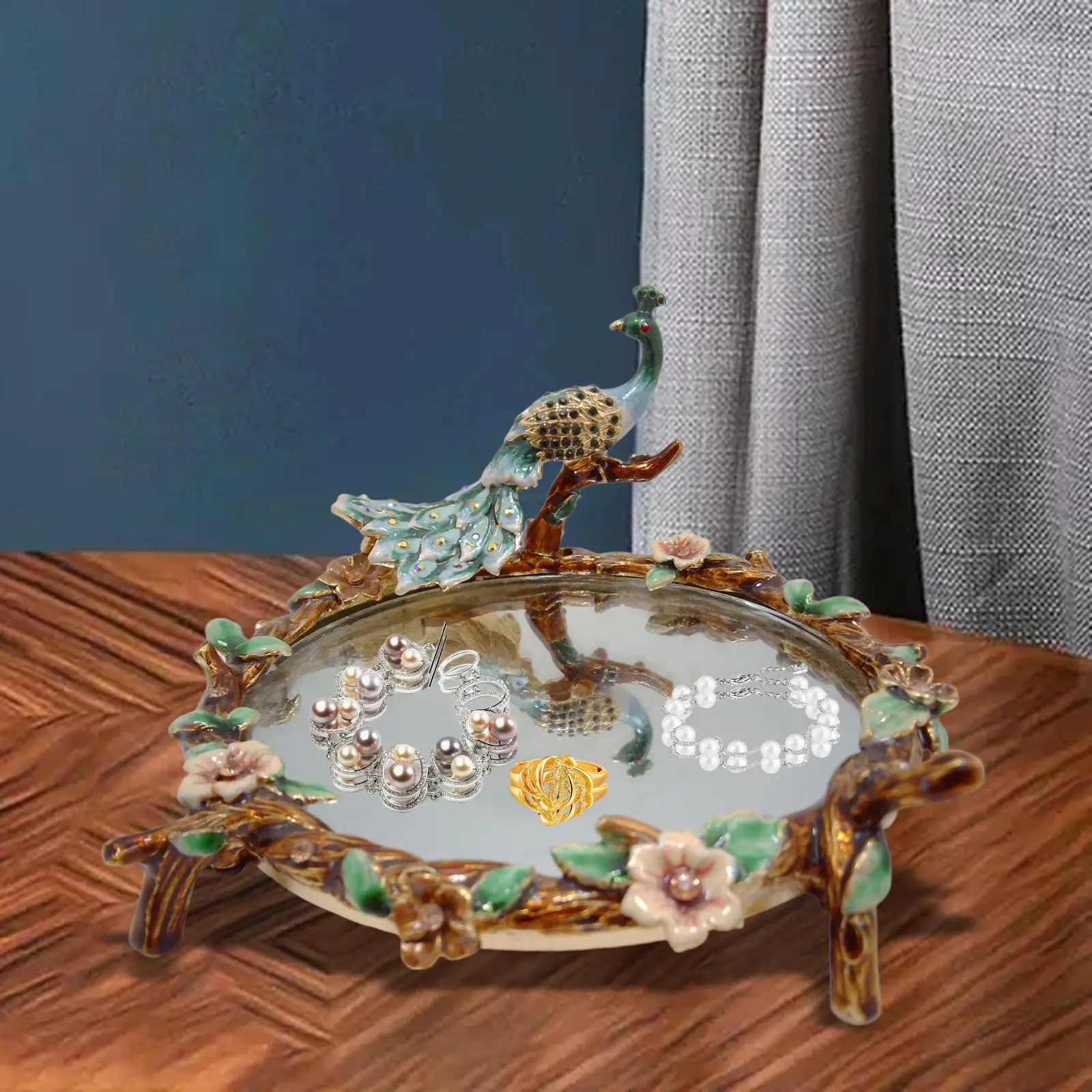 Decorative Mirror Tray Peacock Serving Tray for Countertop Dresser Makeup