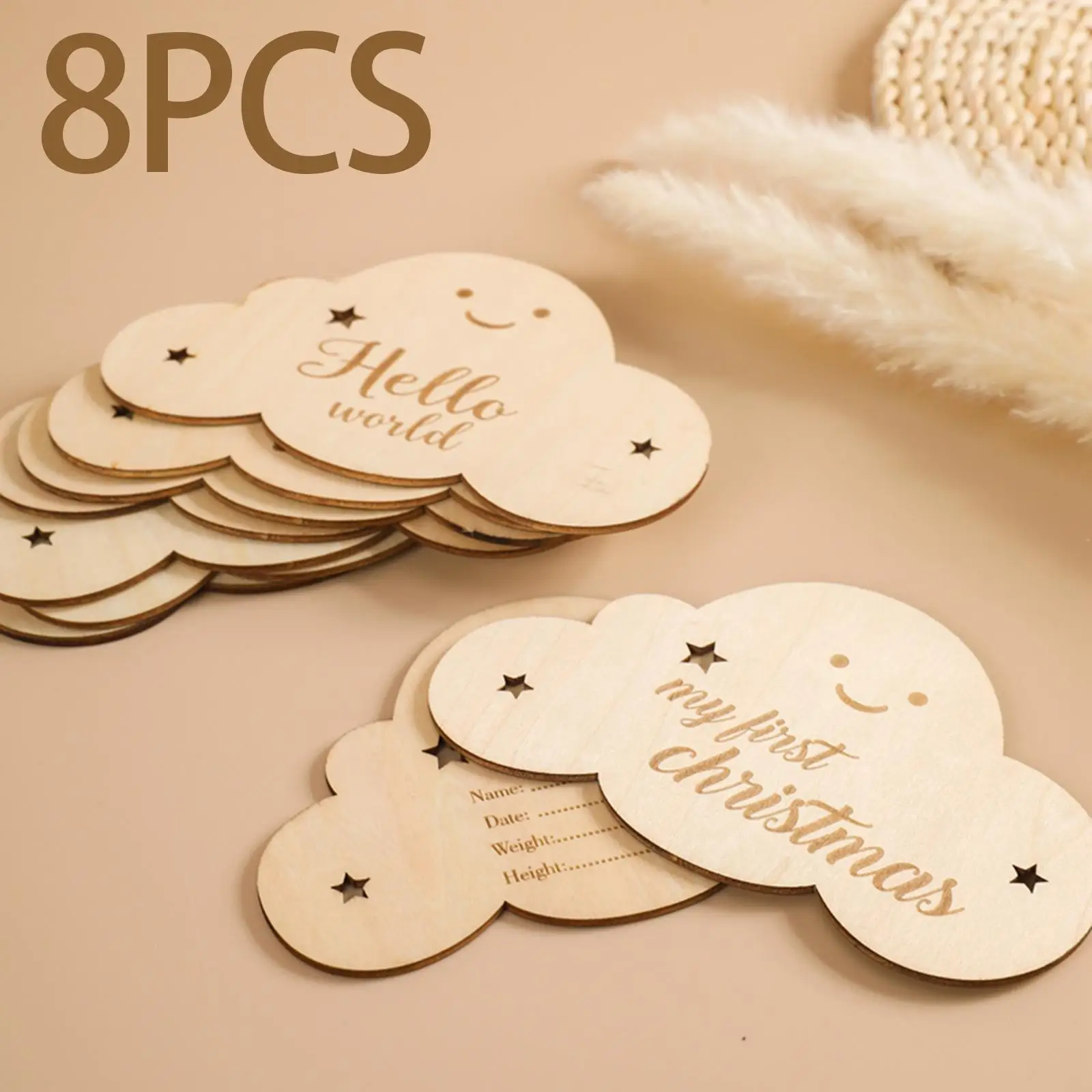 8x Wooden Baby Milestone Cards Keepsake Toy Cute Clouds Shape for Newborn to Age 1 New Mom Gifts Record Growth Monthly Stickers