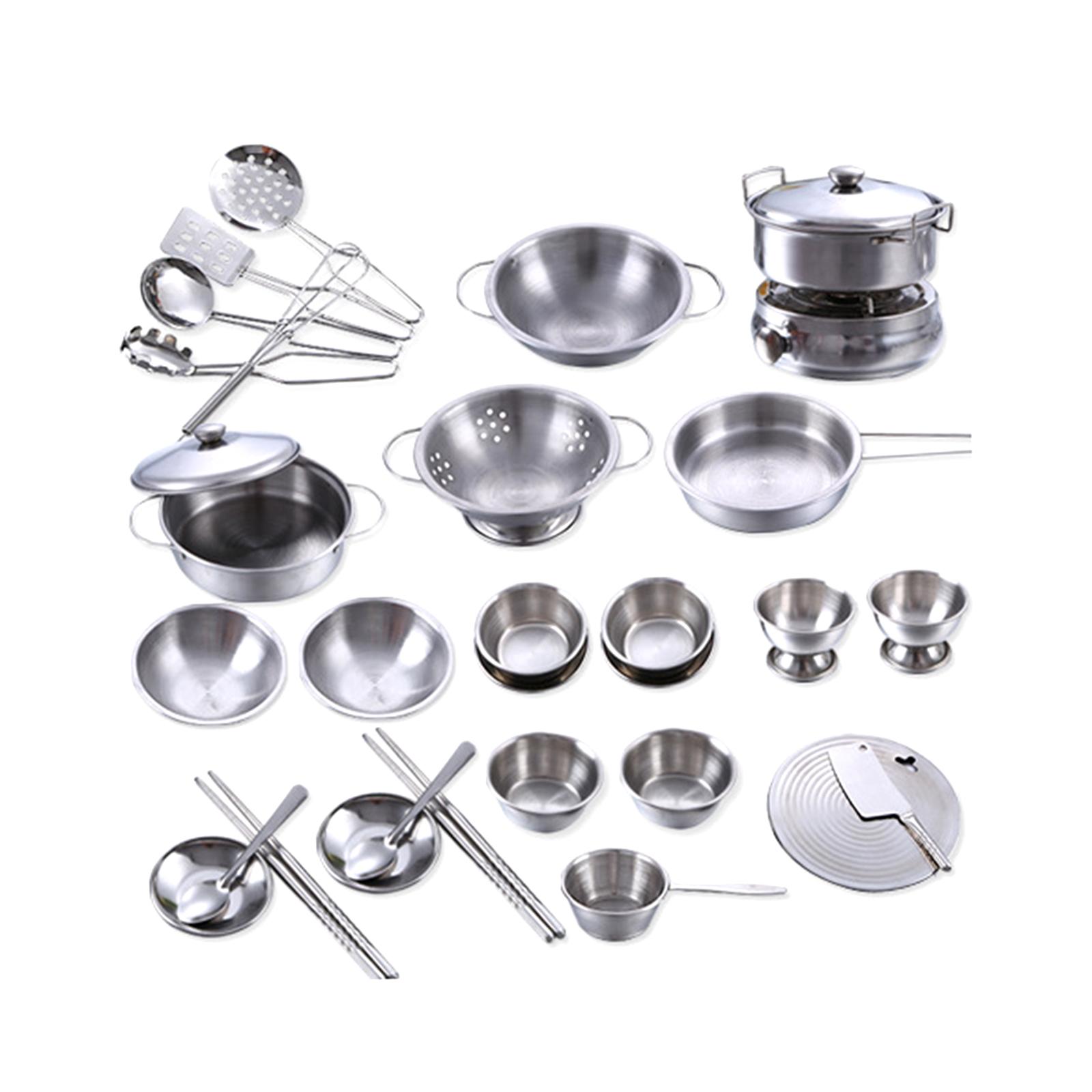 25Pcs Kitchen Pretend Toys Cooking Utensils Stainless Steel for Aged 3 Years and up Mini Pots Pans Polished Development Toys