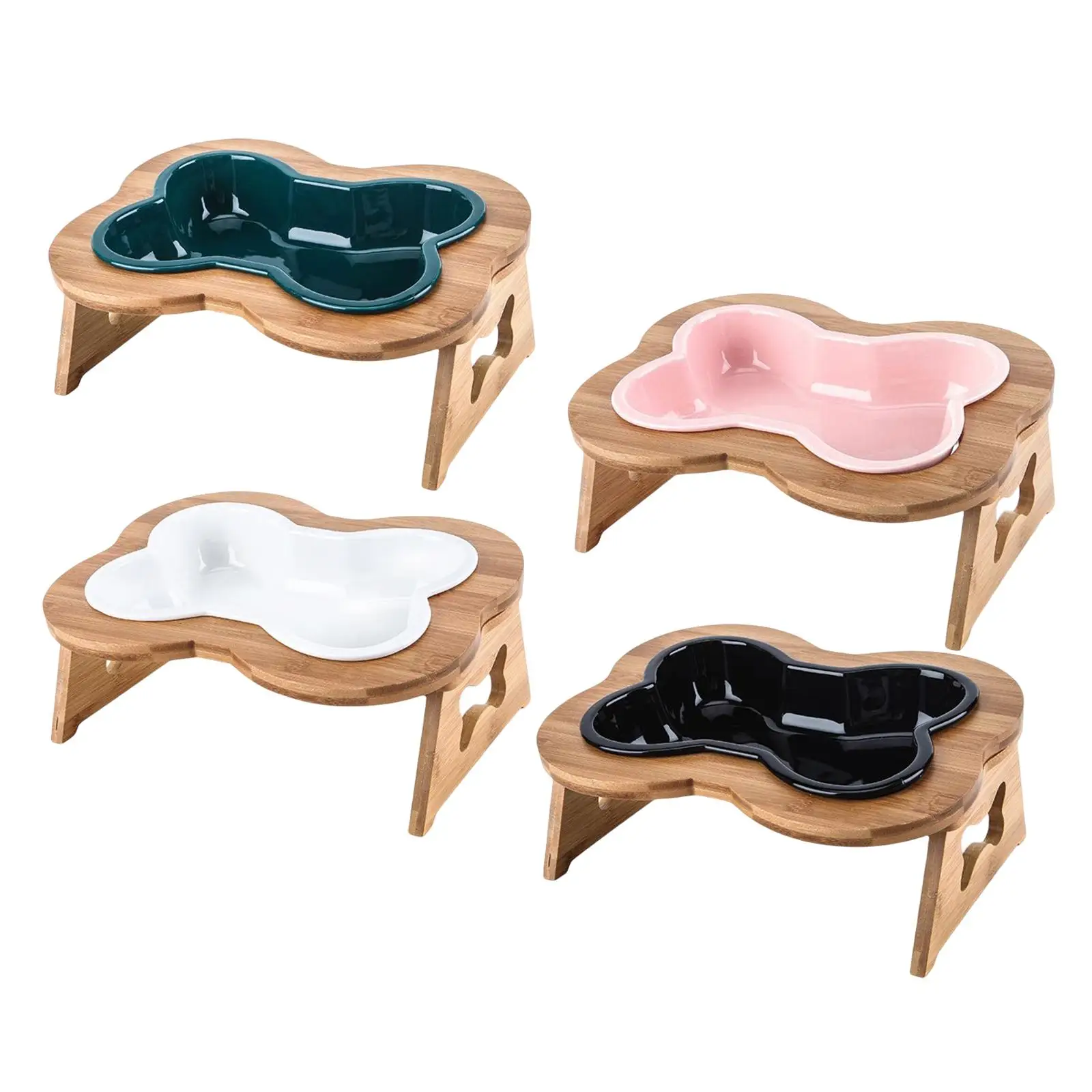 Bone Shaped Pets Dogs Bowls with Wooden Stand Dog Dishes Elevated Skid Proof Pet Feeding Bowl Anti Vomiting Pet Feeder