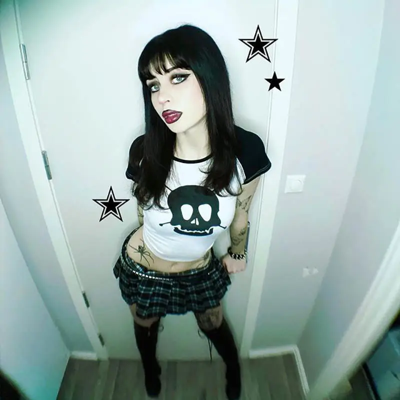 Gothic Skull Print T-shirt E-girl Dark Academia Baby Tees Punk Hip Hop Harajuku Grunge Short Sleeve Crop Top Vintage Clothes