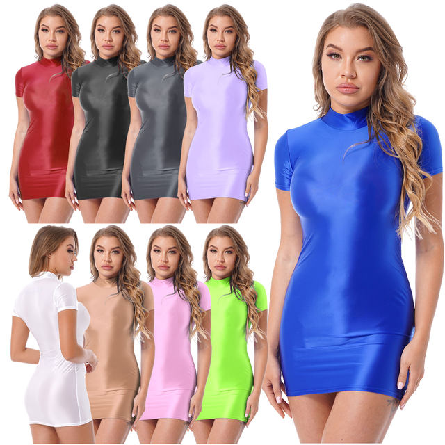 Glossy Bodycon Dress Clubwear Womens Sexy Short Sleeve Mock Neck