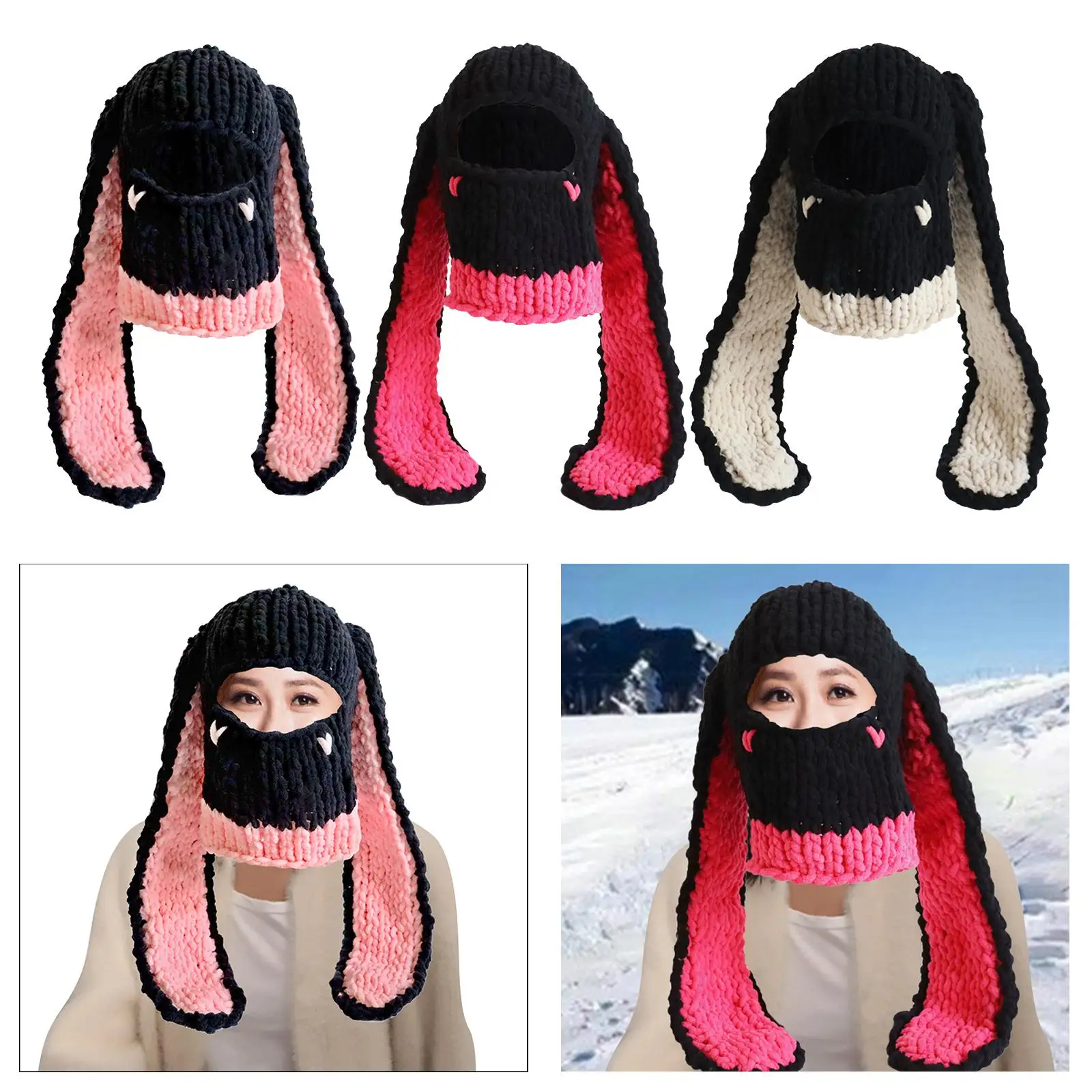 Stylsh Winter Knitted Hat for Women Girl Neck Warmer Rabbit Ears Beanie Hats