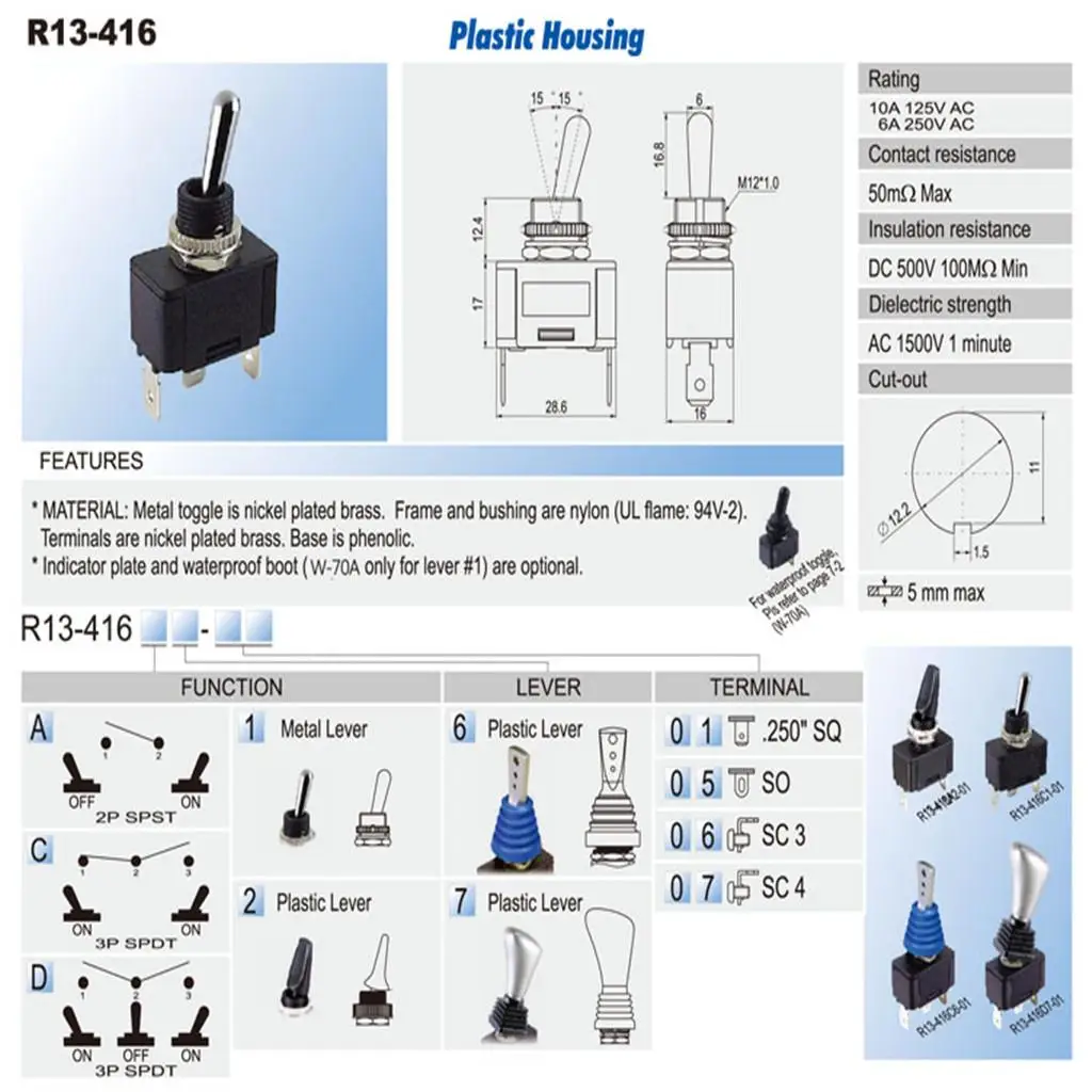 Universal Waterproof R13-416-ON Toggle Switch 3 Pin 3 Position SPDT