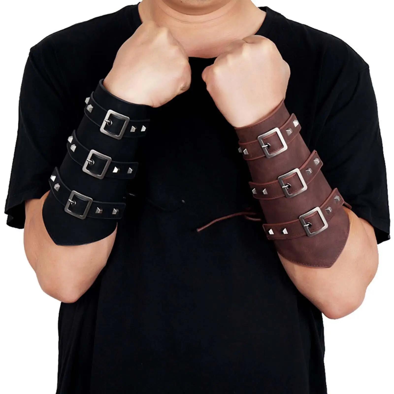 PU Leather Men Punk Rock Wristband Bracelet Bangle Arm Armor Cuff Medieval