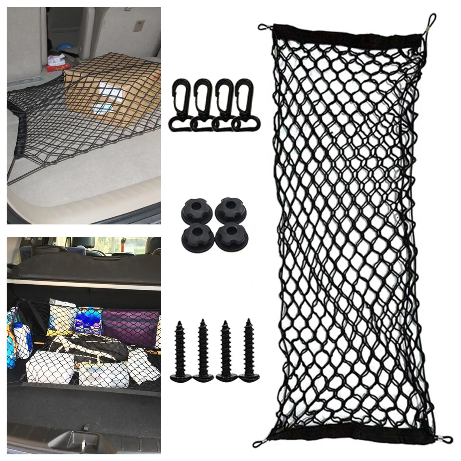  Mesh Nylon Holder  Car Boot Trunk Double-Layer Stretchable  Rear Back Organizer Storage Adjustable Fits for Car Vehicle