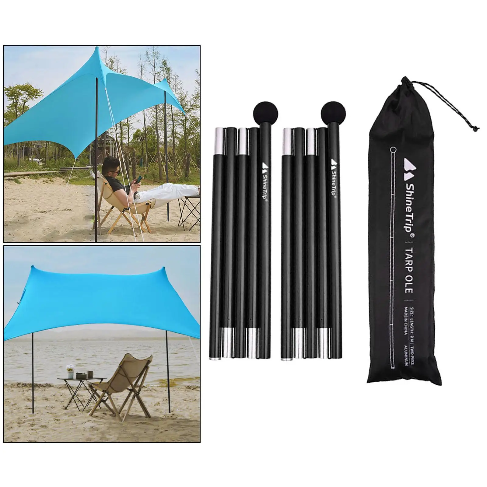 2x Telescopic Tarp Poles 1.7-2m Rods Foldable Tarp Building Sticks w/ Bag