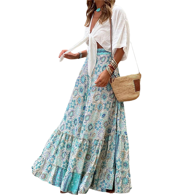 Faldas estéticas Y2K para mujer, faldas playeras con estampado floral geométrico, cintura alta, volantes, estilo bohemio de los años 2000, ropa de calle informal.