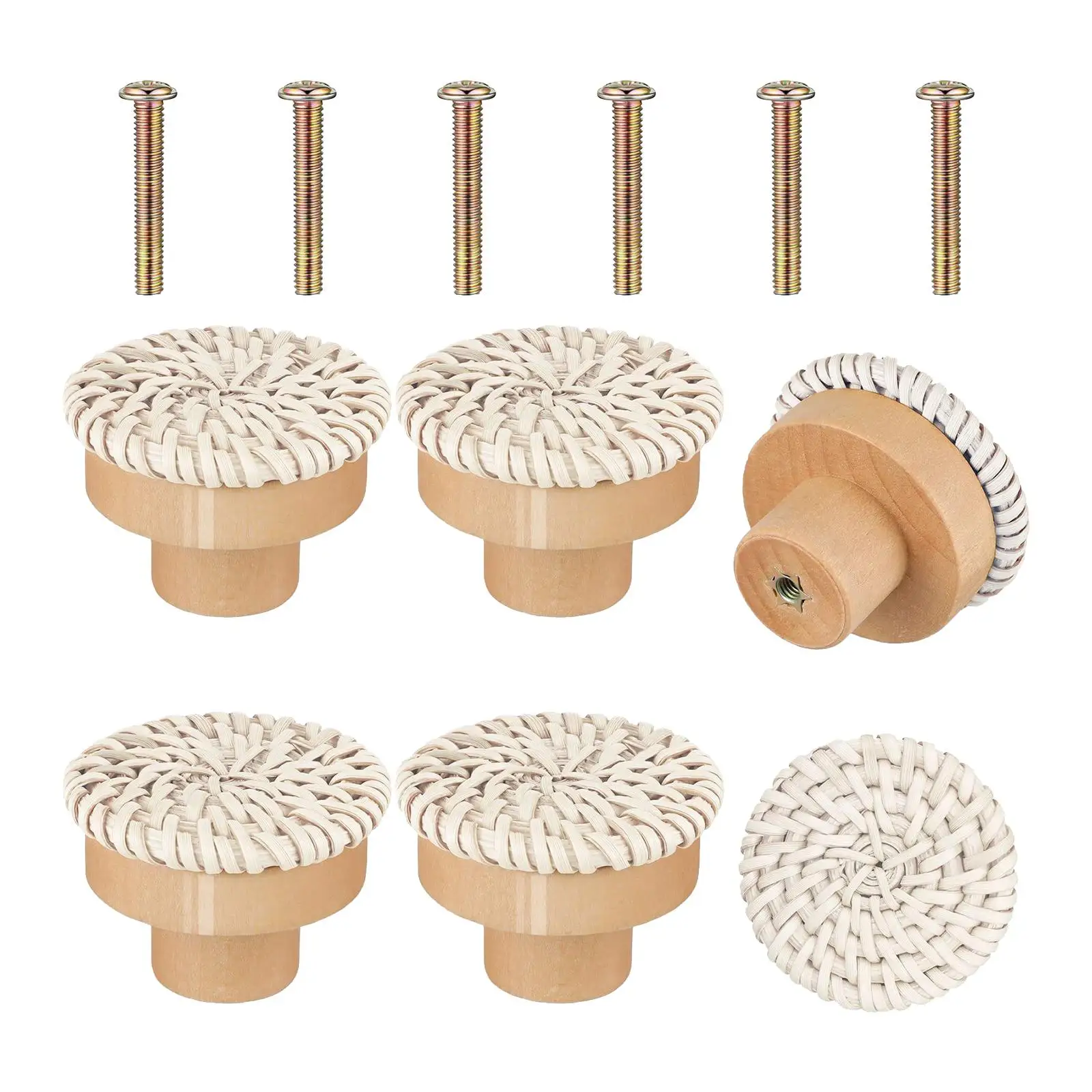 Round Dresser Handles with Screws Wicker Woven for Wardrobes Furniture