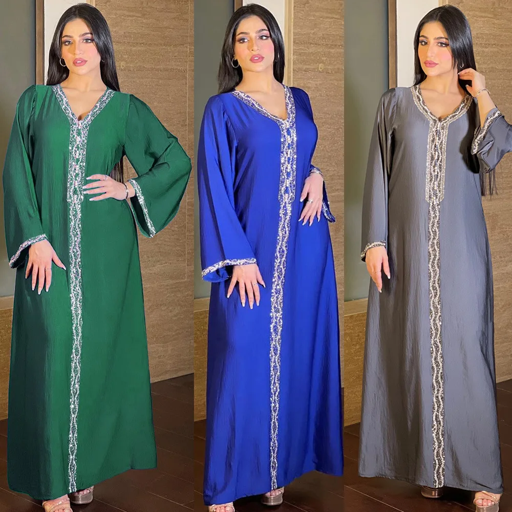 India Turkey Abayas Muslim Dress Embroidered Diamond Islamic Embroidered Dresses Middle Eastern Robe Femme Musulmane