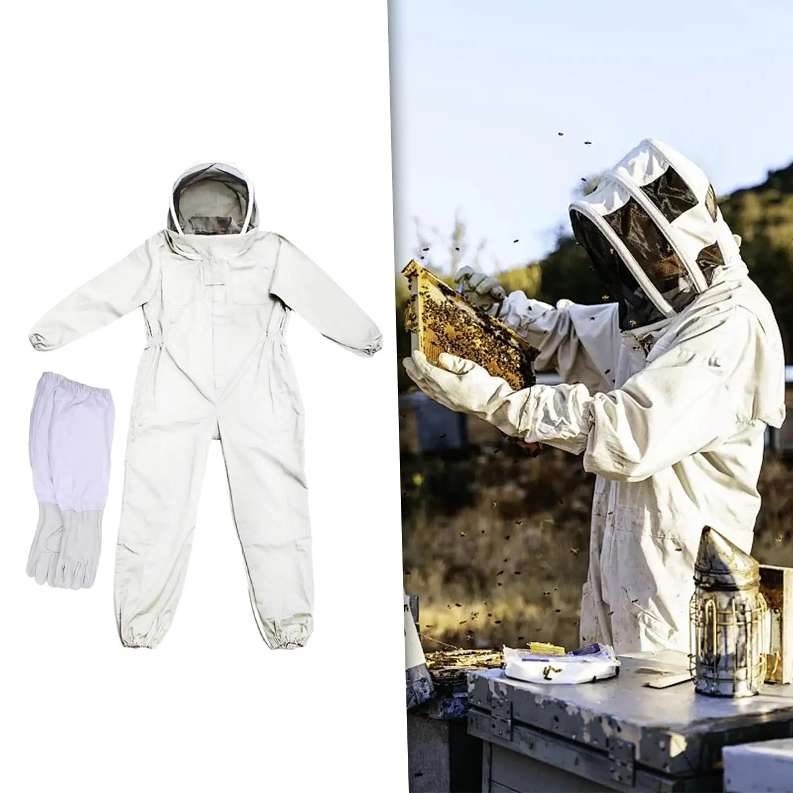 Beekeeping Suit with Gloves Jumpsuit Beekeeper Suit Comfortable Jacket with Pockets Farm Smock Suit for Outdoor Indoor Women Men