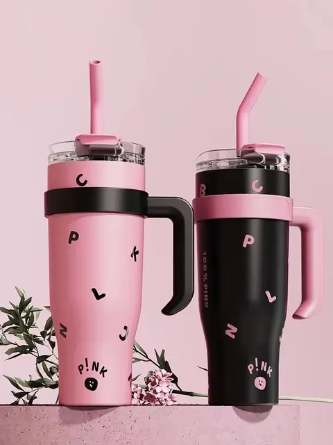 Stainless Steel Termos Coffee Cup 1250ml Large Capacity Black & Pink  Thermal Mug 40oz Tumbler with Straw Water Bottle Drinkware