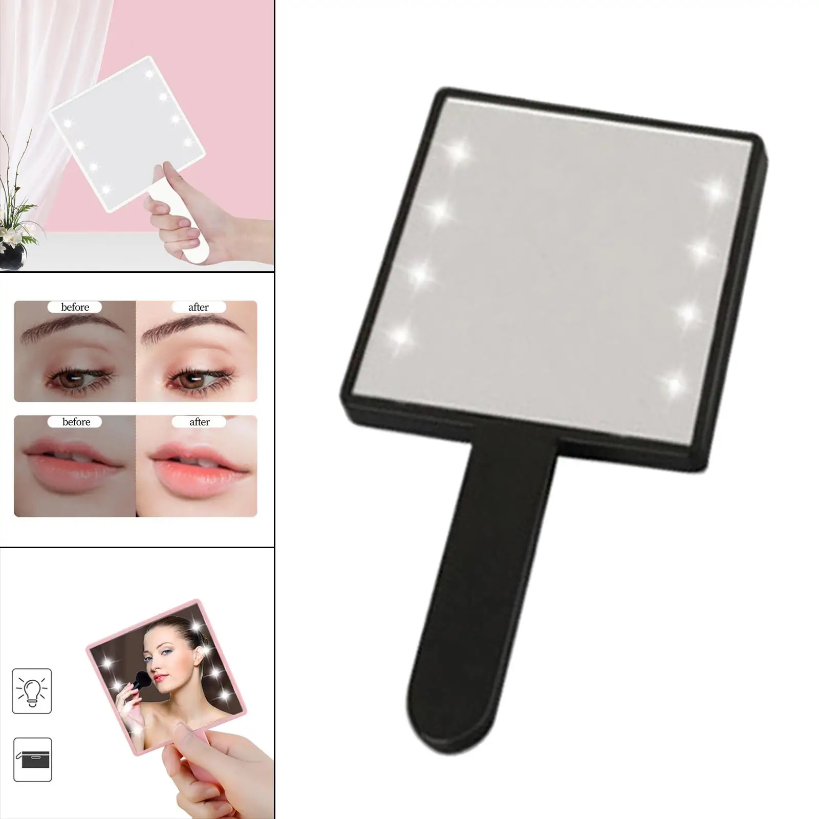 Makeup Mirror with LED Light & Handle, Hand Mirror for Girls Women, Pocket Mirror, Compact Portable Mirror with 8x LED Beads