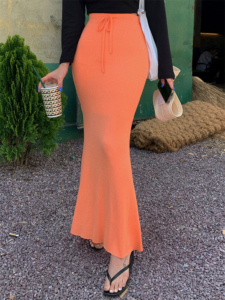 Lace-Up Slim High Waist Long Skirt Women Fashion Elegant Bandage Solid Autumn Casual Drawstring Female Maxi Skirt