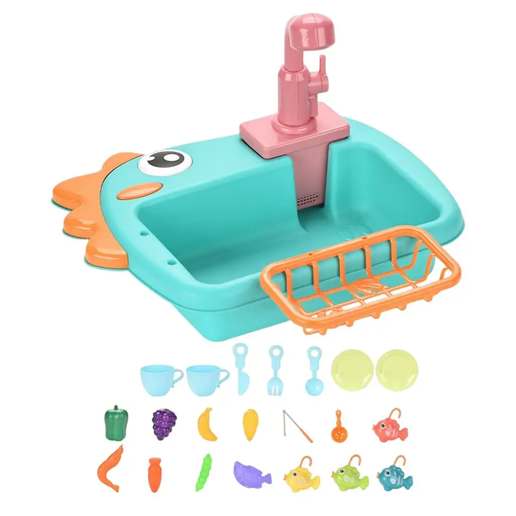 2 in 1 Kitchen Sink Play Set with Working Faucet Electronic Dishwasher Toys Pretend Kitchen Sink Toy for Boys and Girls Gifts