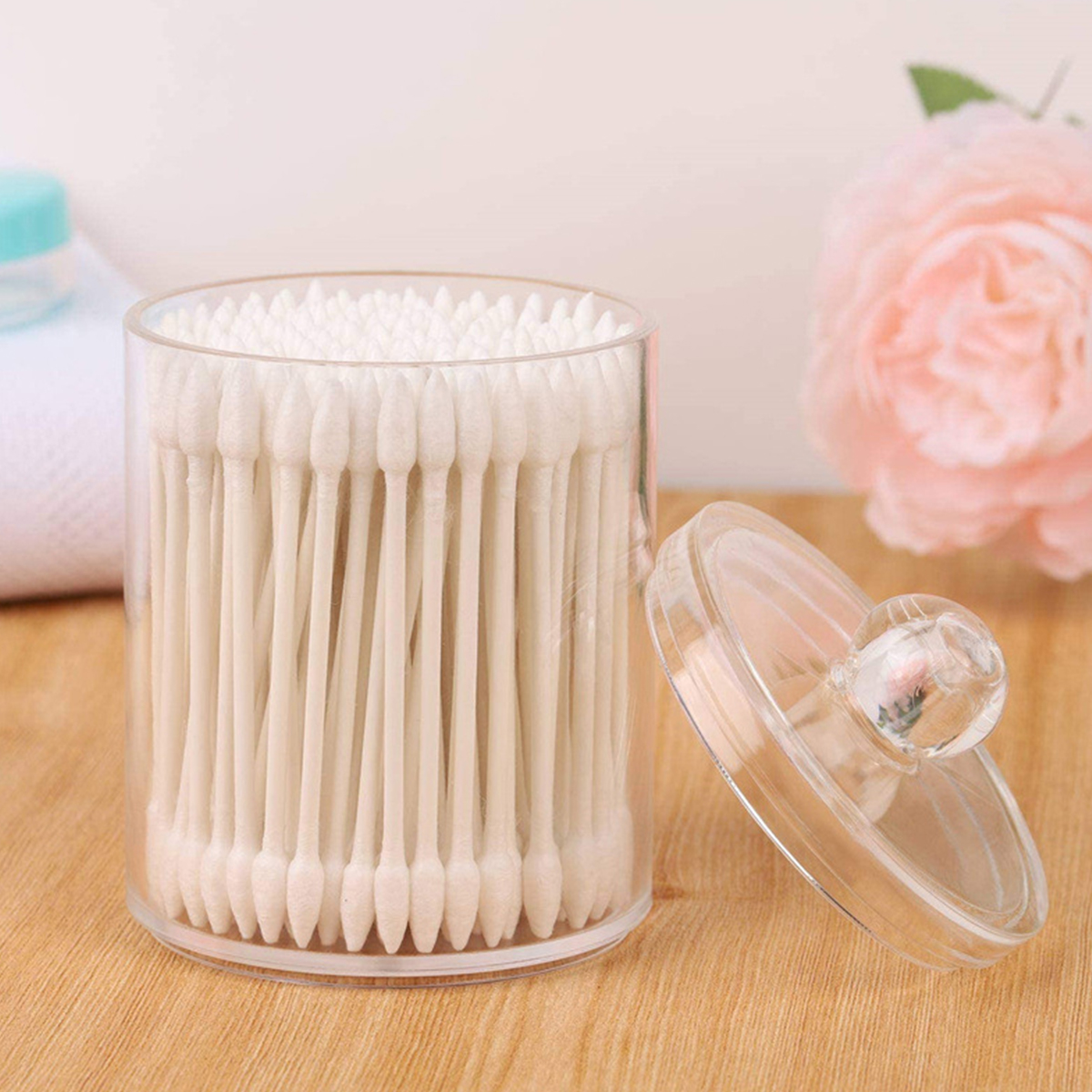 Description Picture 5 of item4Pcs Qtip Holder Dispenser with Lids Clear Acrylic Bathroom Jars Swab Storage Multifunction Acrylic Cosmetic Makeup Organizer