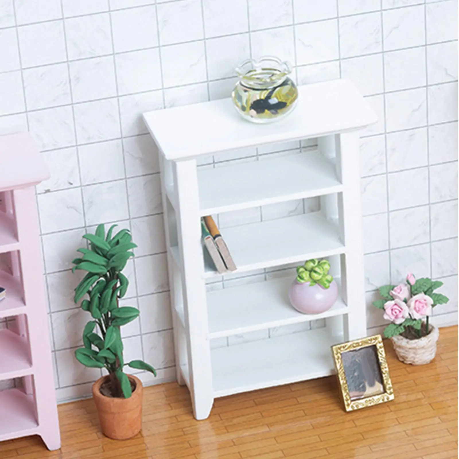 Wooden Dollhouse Miniature Shelf Decor Multi-Layer Storage Rack Girls Gifts Accessories for Dining Bathroom Study Living Room