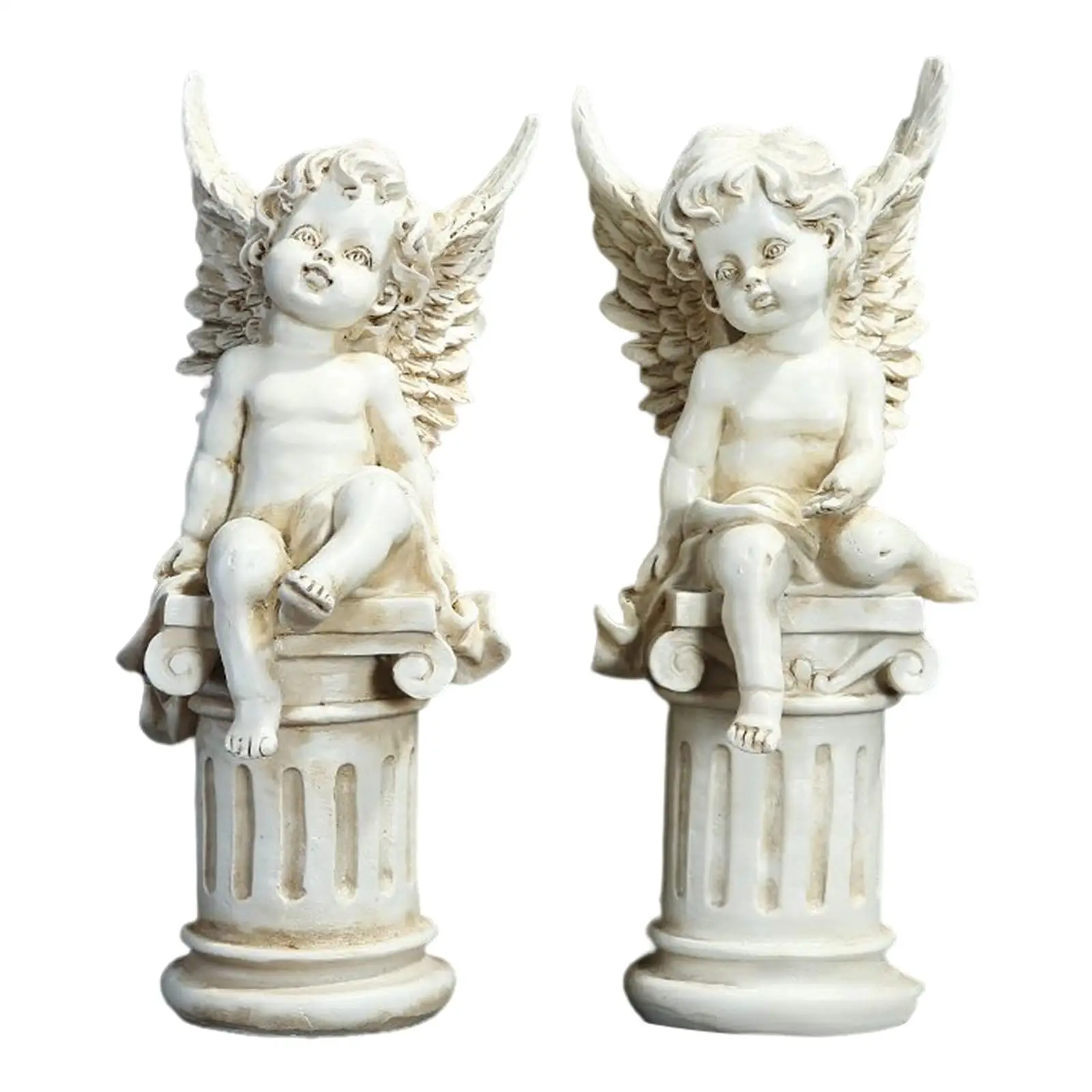 2x Cherub Statues Greek Column Resin Decoration Props Garden Figurines