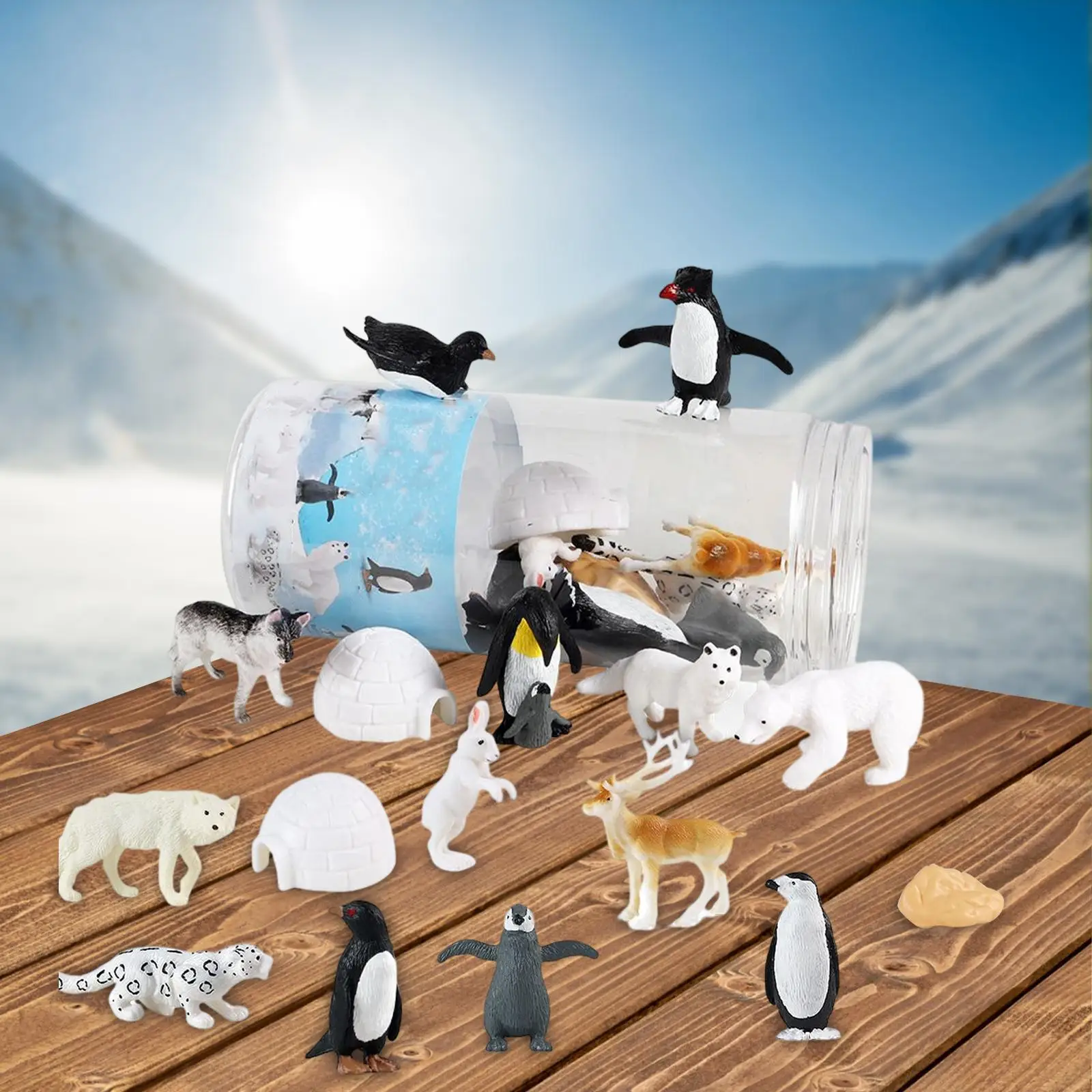 16Pcs Realistic Arctic Animals Includes Arctic Reindeer, Penguins, Polar Bear, Arctic Fox, Igloo Figure Toy for Birthday Gift