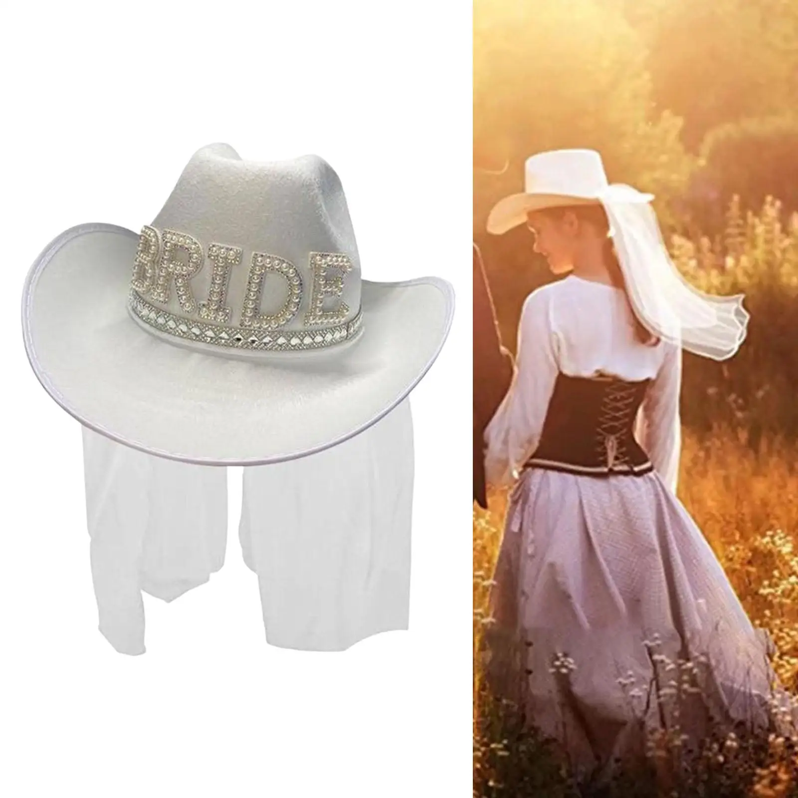 Women Fancy Dress Cowboy Hat with  Veil Wide Brim  for Wedding Engagement Party 