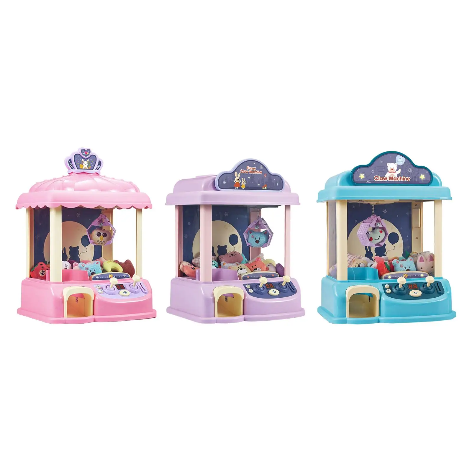Arcade Game Mini Vending Machine Candy Dispenser Toys with 6 Dolls with Lights and Sound Candy Grabber Claw Machine for Kids
