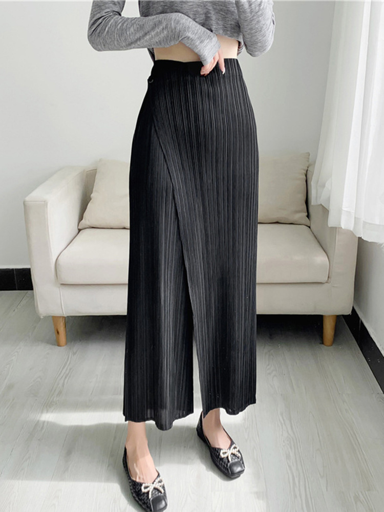 ALSEY Miyake Pleated Wide Leg Ankle-length Pants for Women Autumn New Simple Elastic Waist Solid Color Straight Female Trsouser