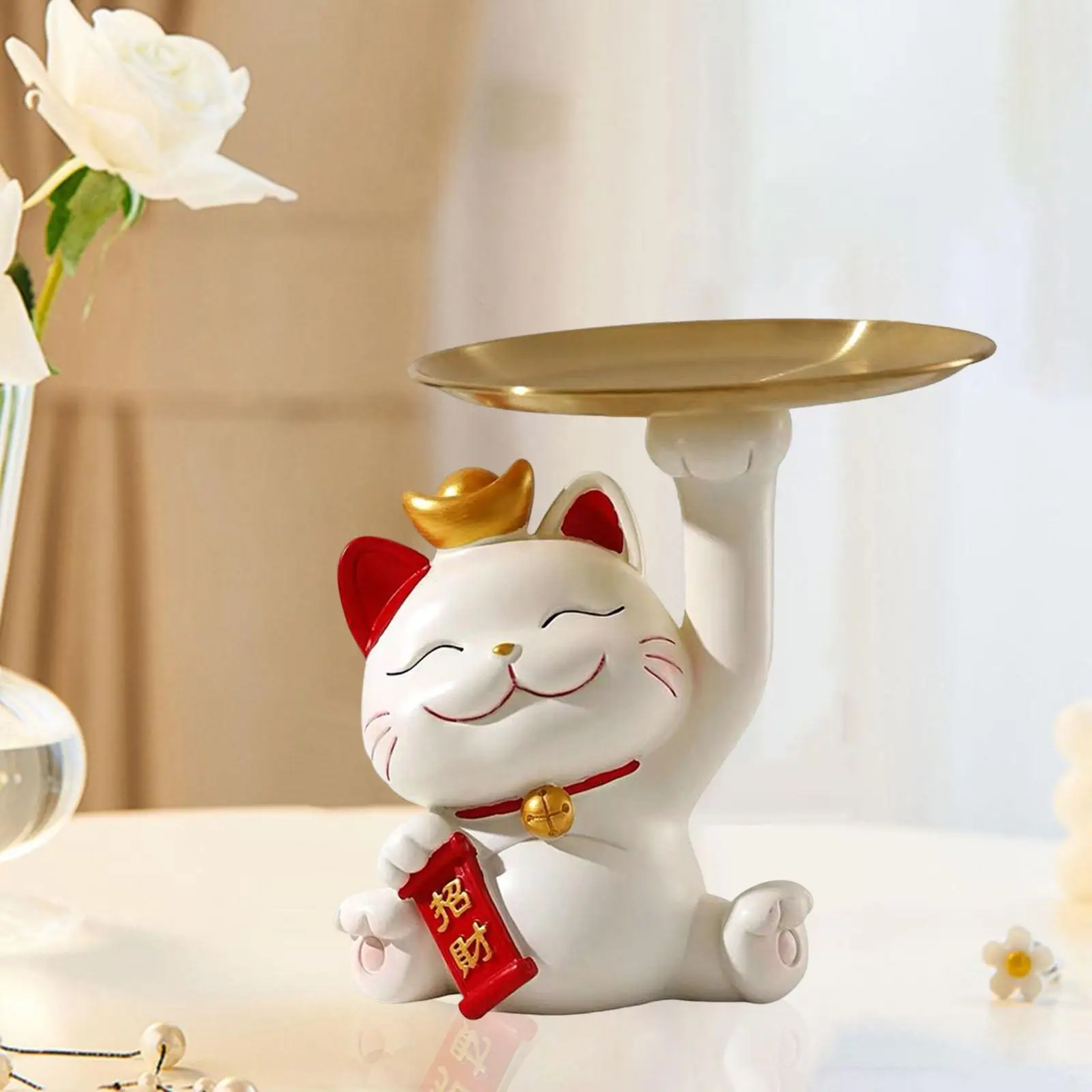 Cat Sculpture with Storage Tray Sundries Container Cat Statue Cat Figurine for Entrance Bedroom Cabinet Decor Ornament