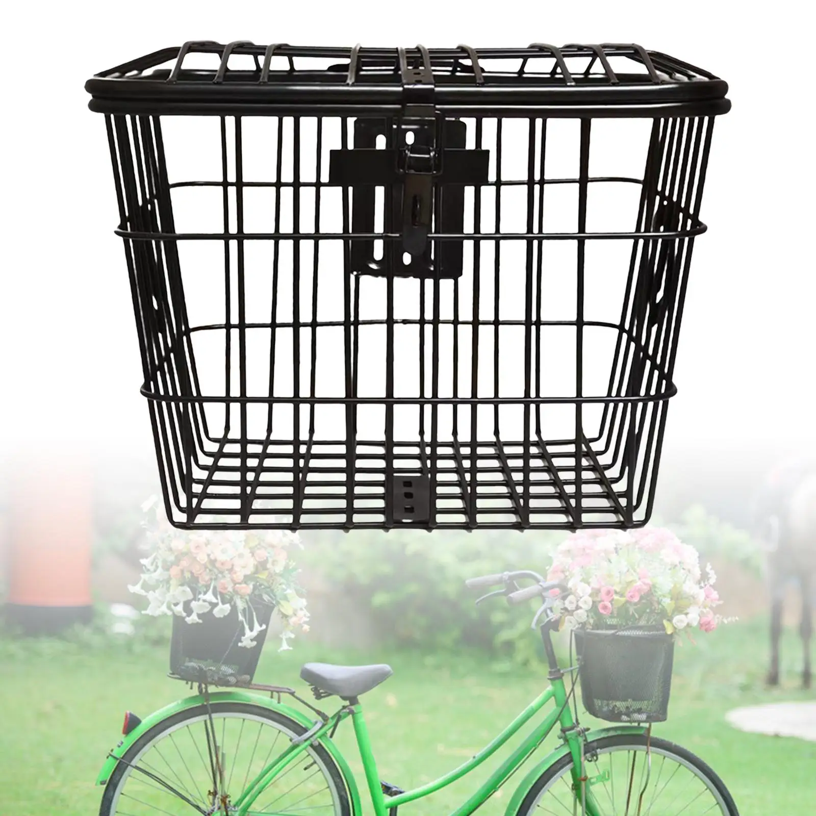 Metal Bike Basket Organizer Large cargo Rack with Lid Cycling Carrier Heavy Duty Front Rear for Folding Bikes Scooters