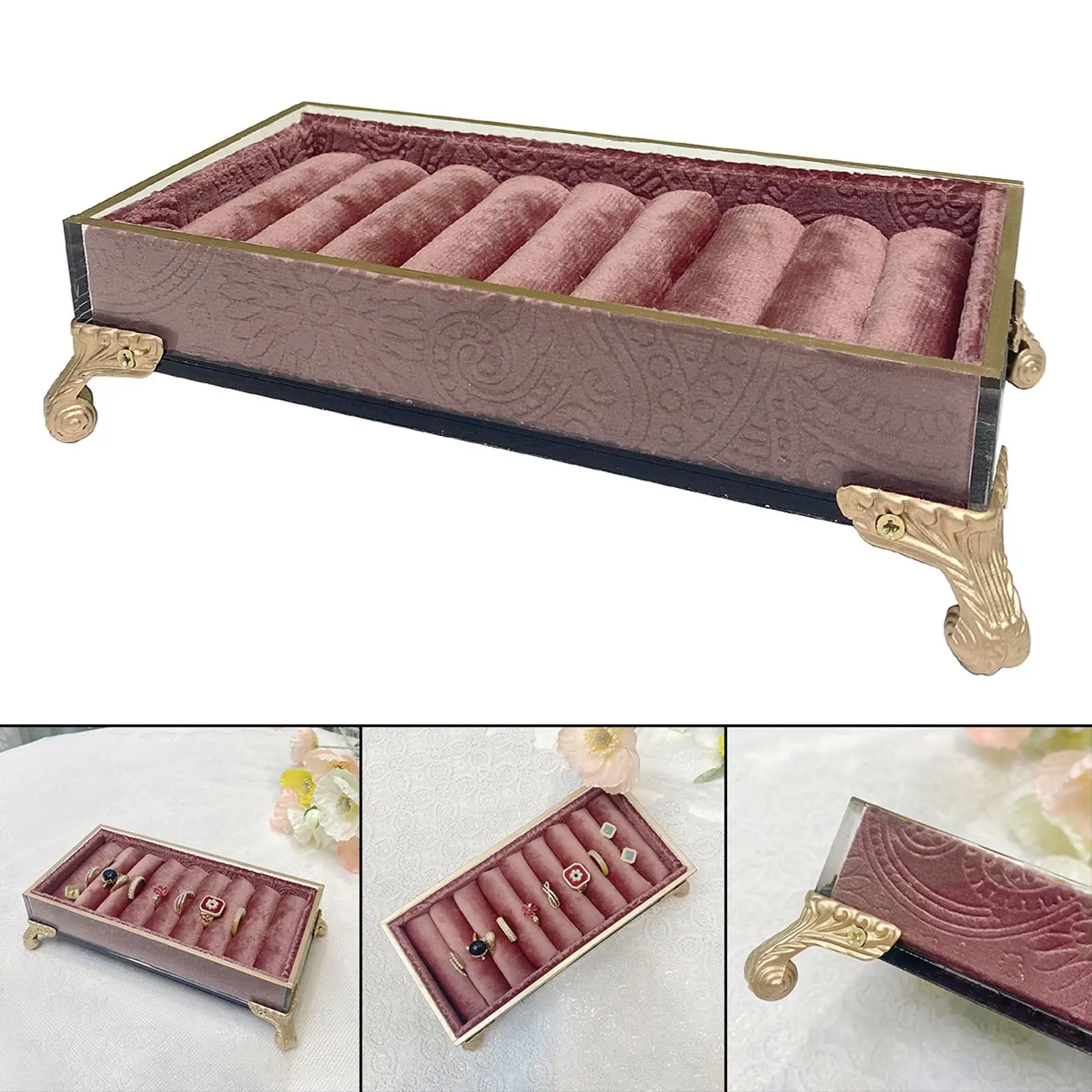 Women Velvet Jewelry Display Tray Home Decor Rack Show Case Storage Box Pink