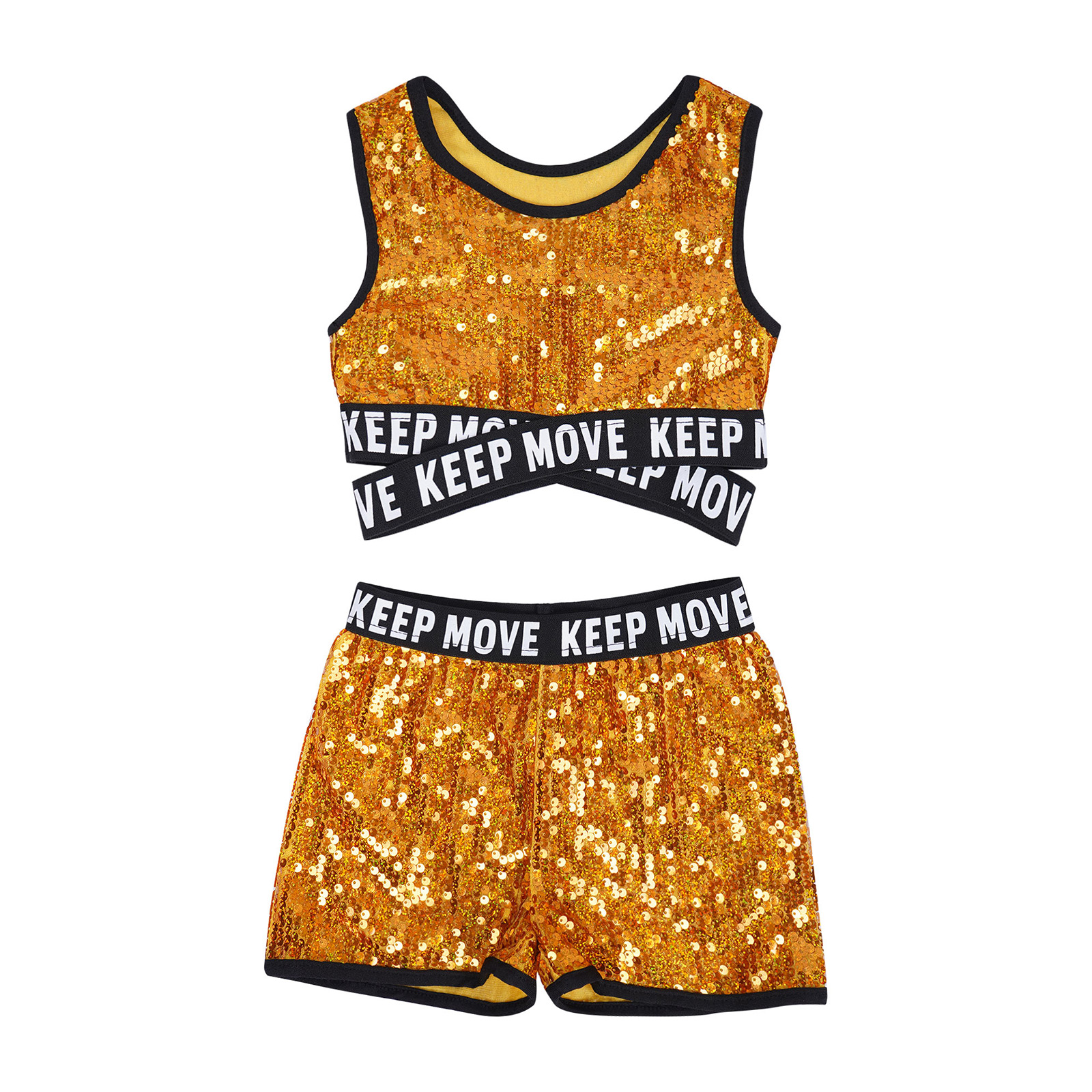 Kinder Mädchen Glänzende Pailletten Jazz Dance Outfits Ärmelloses Brief Drucken Träger Crop Top mit Shorts Bühne Performance Dancewear – Detail 8