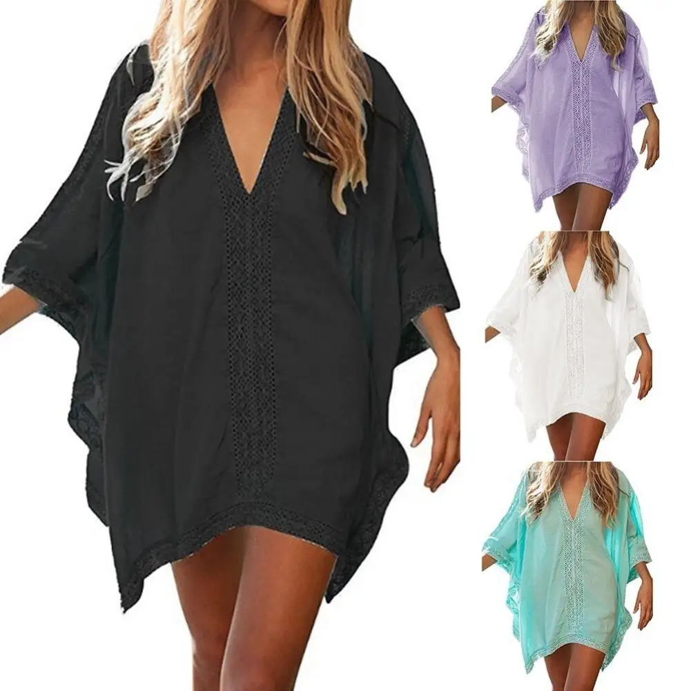 2022 New Women Swimwear Bikinis Set V-neck Half Sleeve Pullover Cover Up Dress Solid Color Lace Stitching Swimwear Cover Up bikini cover up set