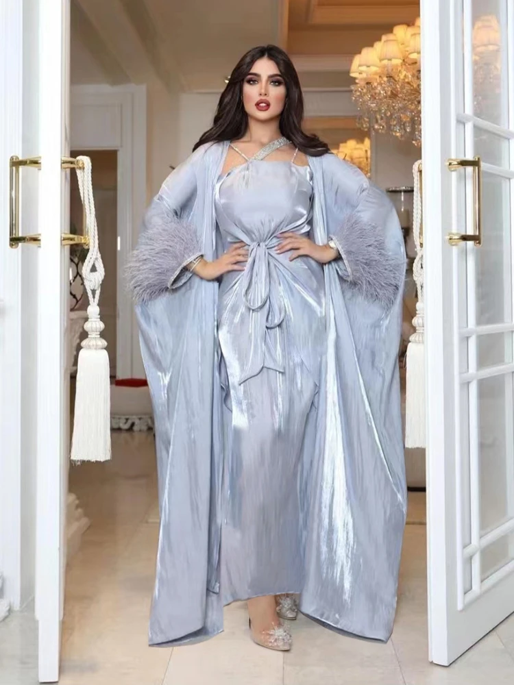 Morocco Muslim Dress 3 Piece Set Abaya Kaftans Feather Evening Dresses Women Dubai Turkey Islam Long Dress Robe Femme Vestidos