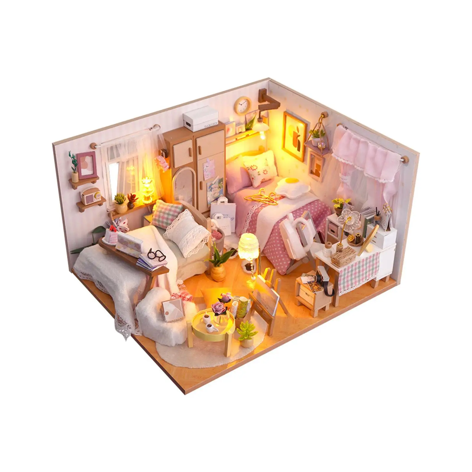 3D Wooden Miniature Dollhouse Kits with Furniture and Ornaments for Boys Girls Artwork Easy to Assemble Fashion Creative Bedroom