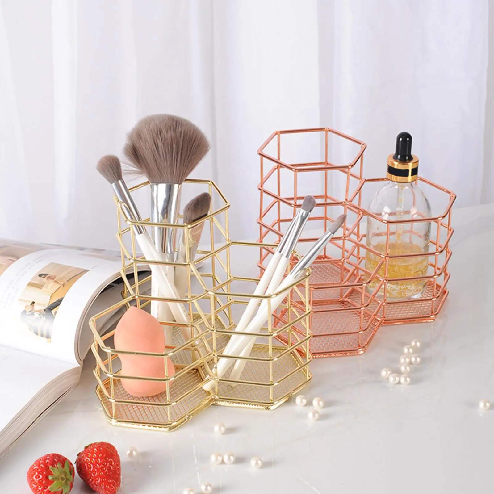 Stainless Steel Pencil Holder Organizer 3 in 1 Hollow Out Brush Holder Storage Basket for Dresser Bedroom Drawer Stationery Home