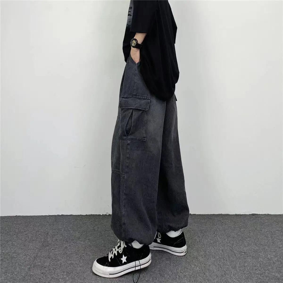 bolsos grandes, moda Harajuku, calça retrô de