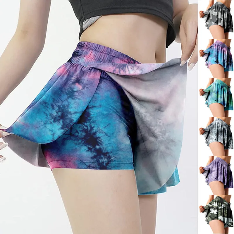 2022 Summer Women's Fake Two Piece Culottes Elastic Waist Yoga Walking Sports Short Lace Up Causal Print Shorts Pants Skirts 3XL paperbag shorts