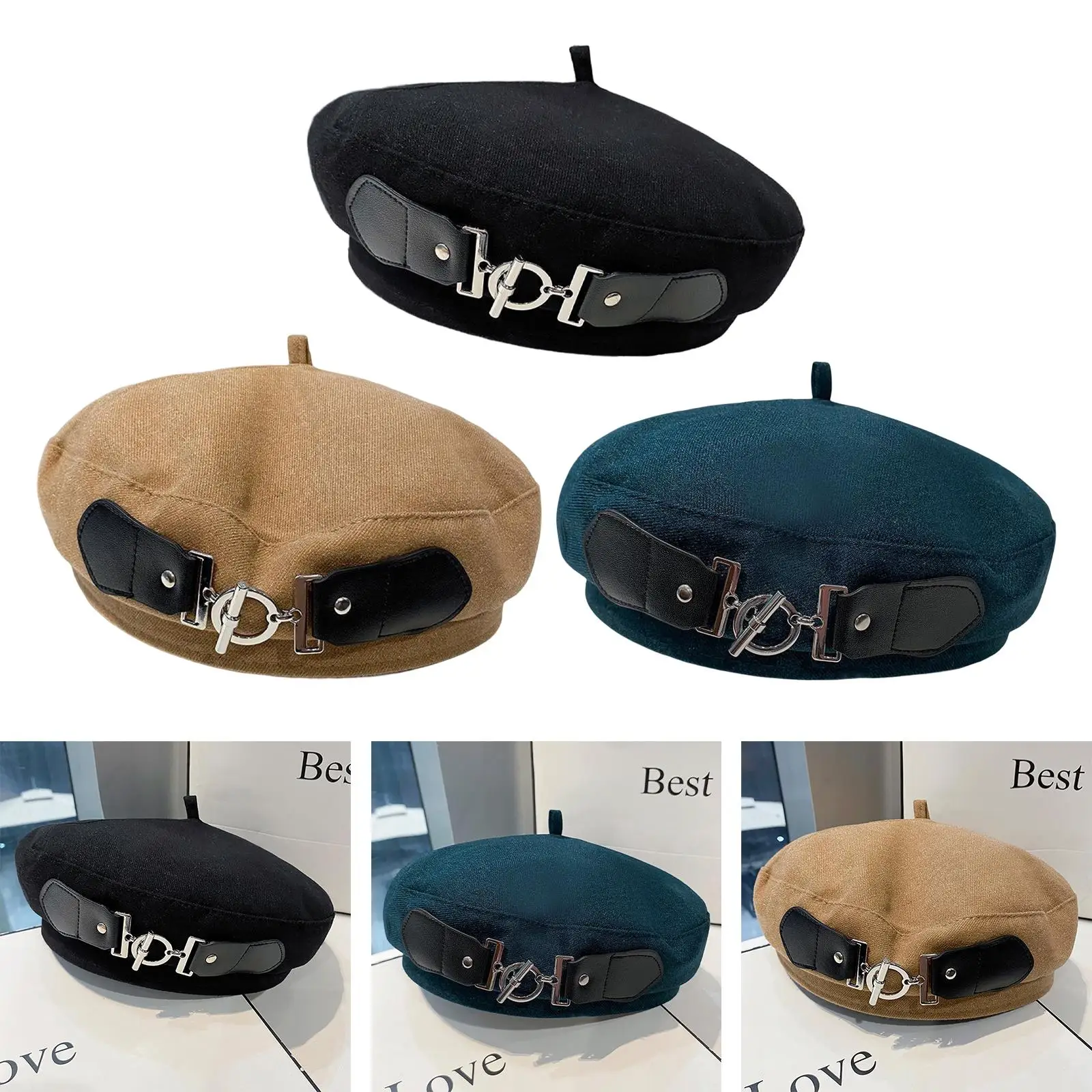 Womens Beret Hat Metal Buckle Design Winter Warm Beanie Hat French Artist Hats with Drawstring Inside