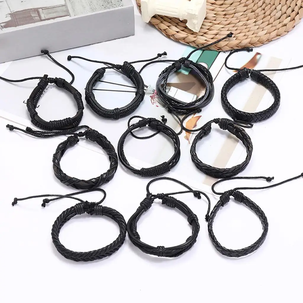 10Pcs Leather Cuff Bracelets Handmade Jewelry Adjustable Wristband for Teen