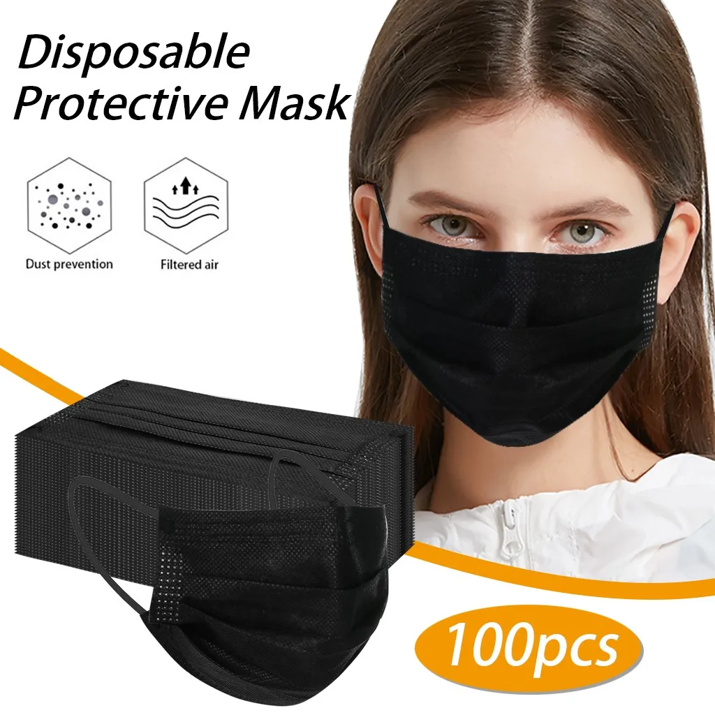 100pcs Solid Black Face Cover Disposable Adult Masks Three-layer Non-woven Filter Dustproof And Anti-haze Mask Halloween Cosplay halloween costumes