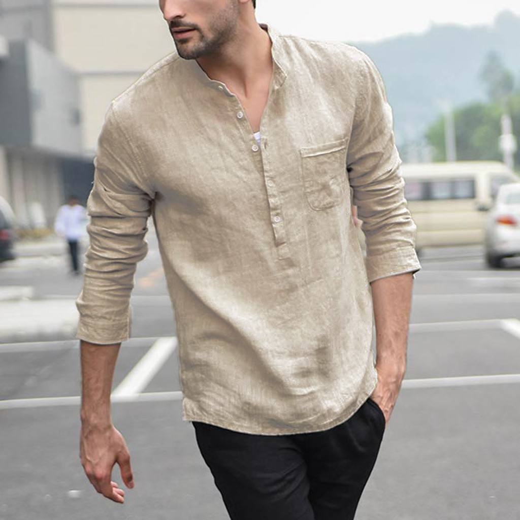 Men Shirt Vintage Casual Solid Color 