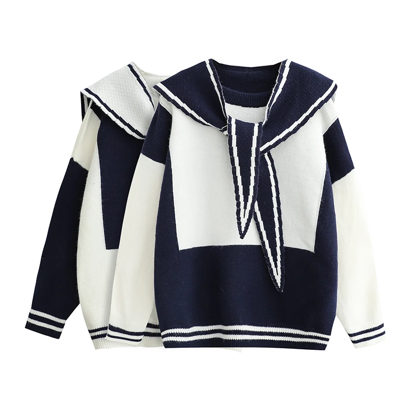 Retro Sailor Collar Contrast Color Sweater Coat Women's Autumn and Winter New Loose Large Lapel Sweater pink sweater