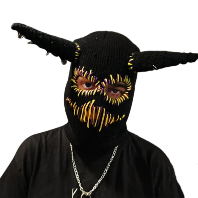 Frauen Gestrickte Kappen mit Teufel Hörner Halloween Horror Beanie Ski Maske für Männer – Detail 4