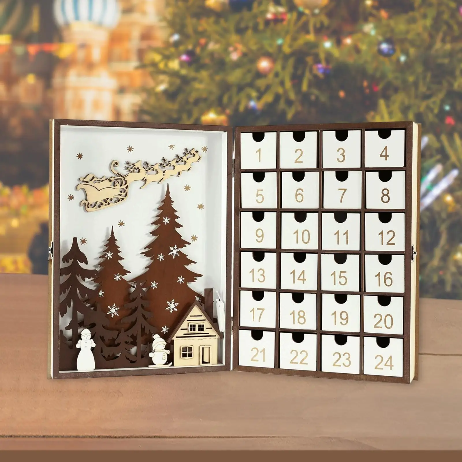 Wooden advent calendar Book Durable with Drawers Advent Calendar for Holiday